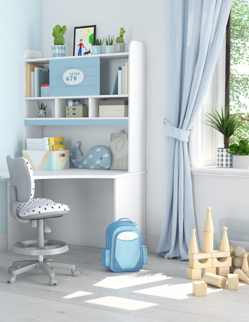 A bright blue child's room with soft blue curtains and toys. 