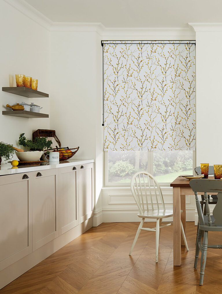 A floral roller blind in a Cottagecore kitchen