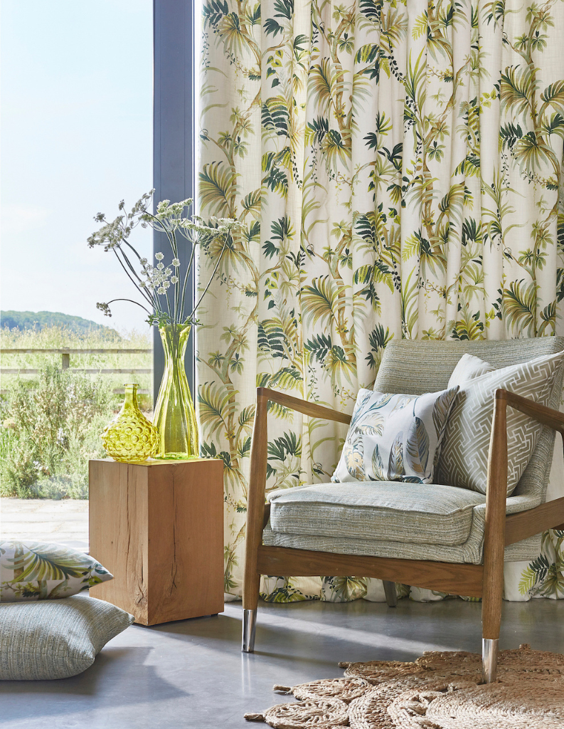 Tropical curtains in a stylish sitting room.