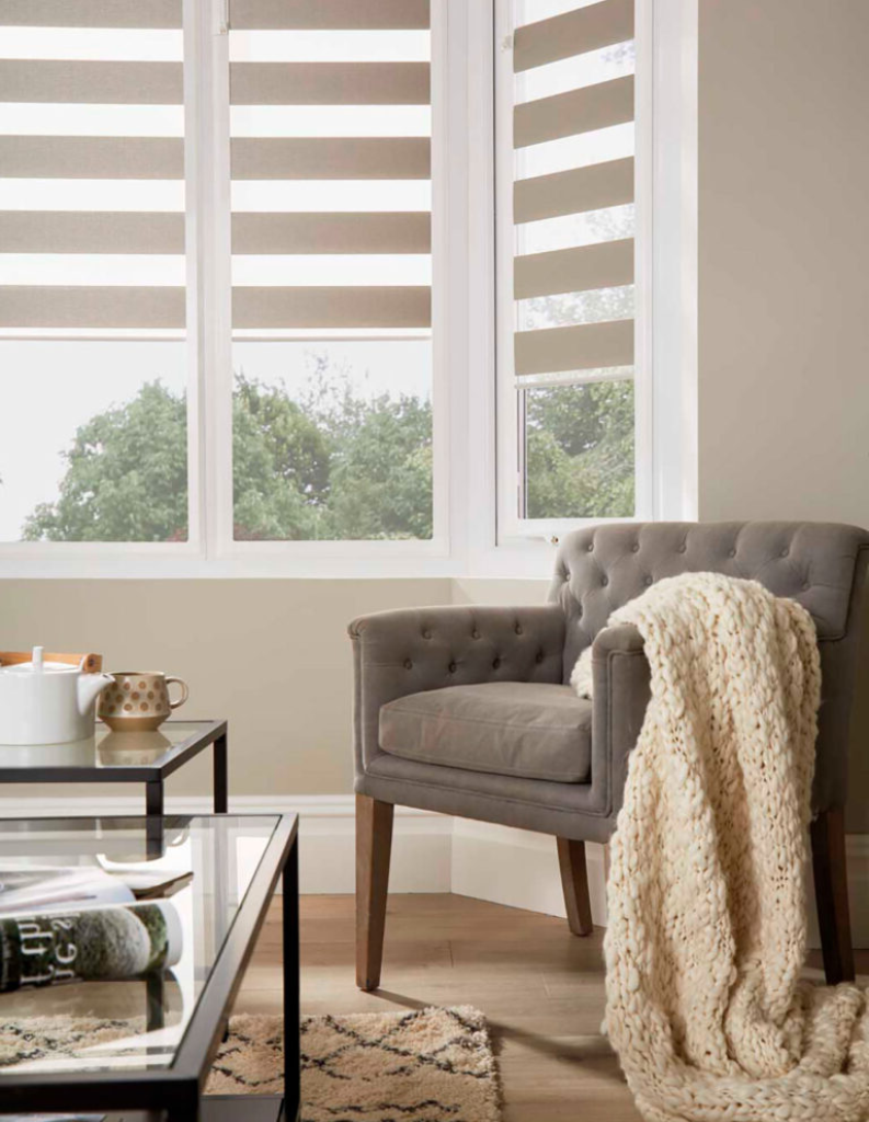 A cosy living room featuring day and night blinds