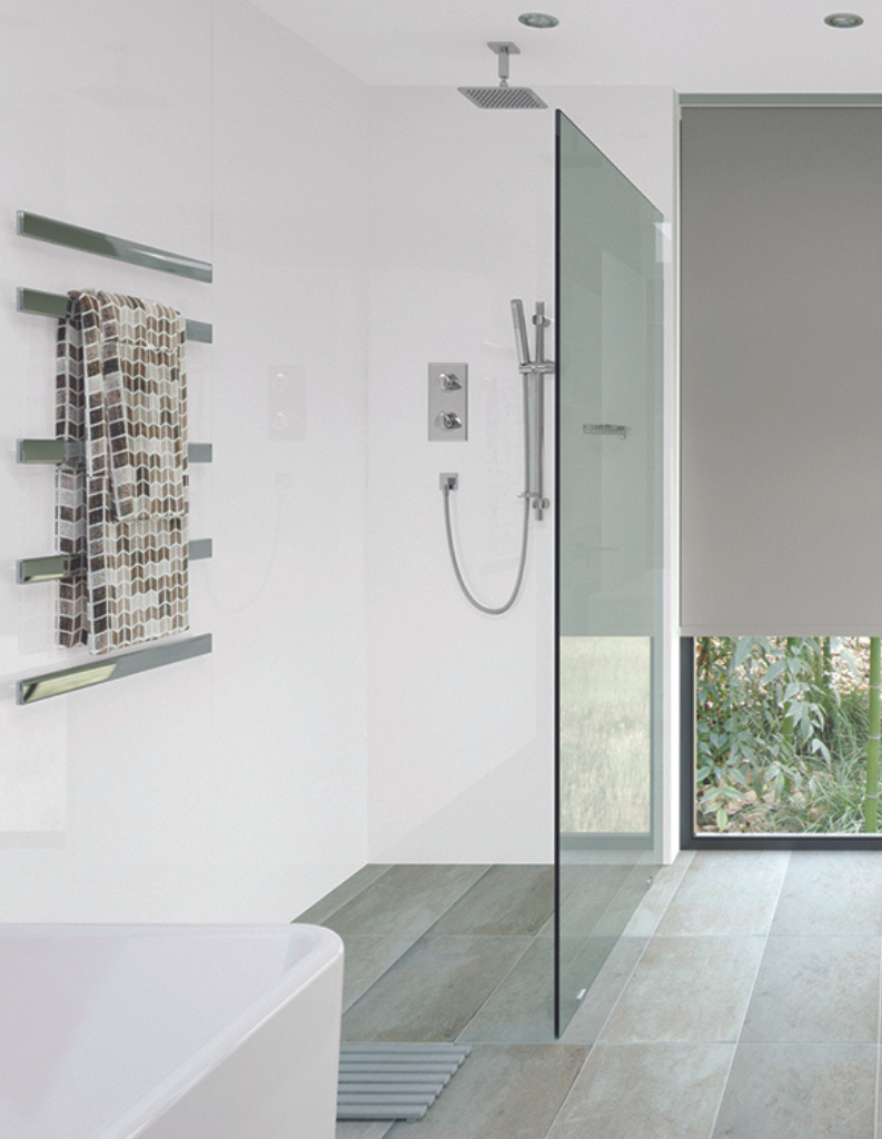 Chic grey roller blind is a modern bathroom. 